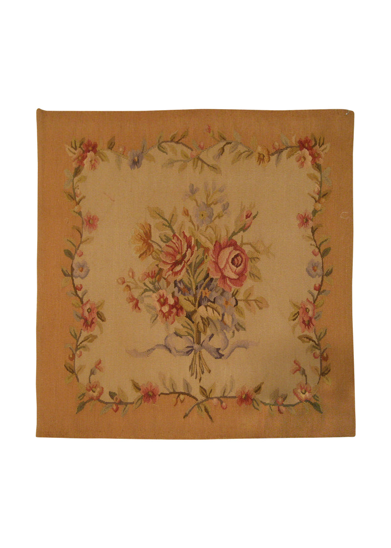 Oriental Rug Chinese Handmade Pillow Traditional 1'8"x1'8" (2x2) Whites/Beige Aubusson Floral Design #A17905