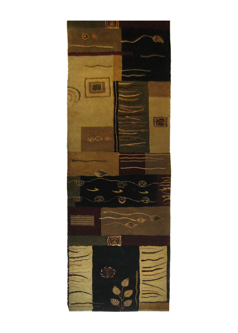 Oriental Rug Indian Handmade Runner Modern 3'0"x11'8" (3x12) Multi-color Whites/Beige Black Art Deco Design #A21219