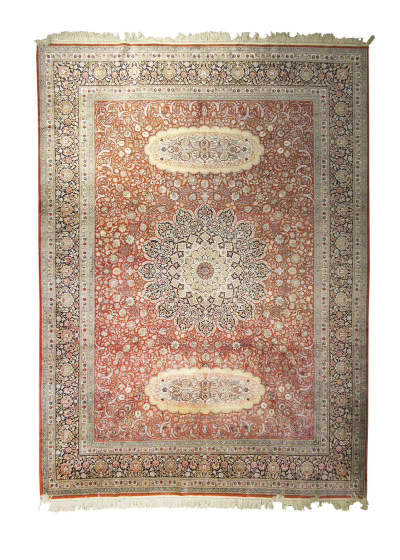 Oriental Rug Chinese Handmade Area Traditional 8'0"x11'0" (8x11) Red Whites/Beige Qum Floral Design #A28176