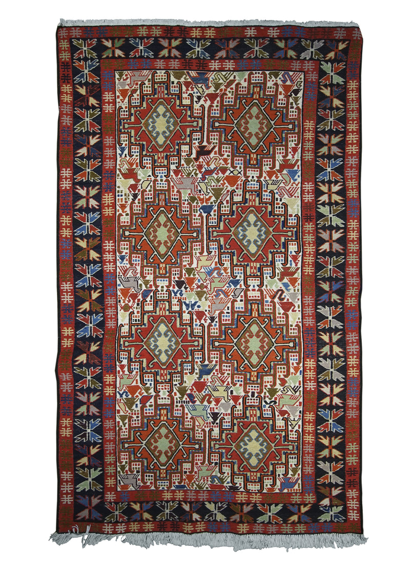 Persian Rug Azerbaijan Handmade Area Tribal 3'10"x6'6" (4x7) Whites/Beige Blue Red Geometric Animals Design #A28644