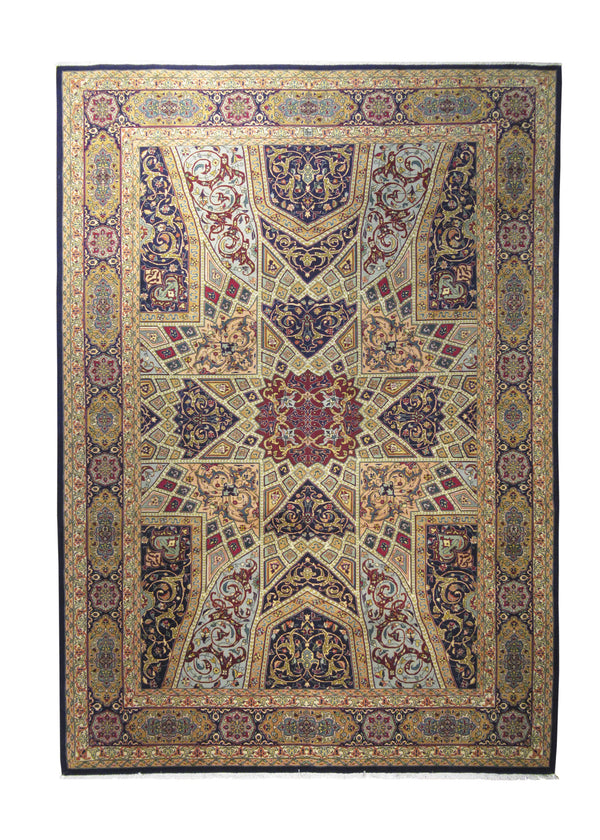 Persian Rug Tabriz Handmade Area Traditional 6'7"x9'4" (7x9) Multi-color Blue Yellow/Gold Gonbad Dome Geometric Design #A29130