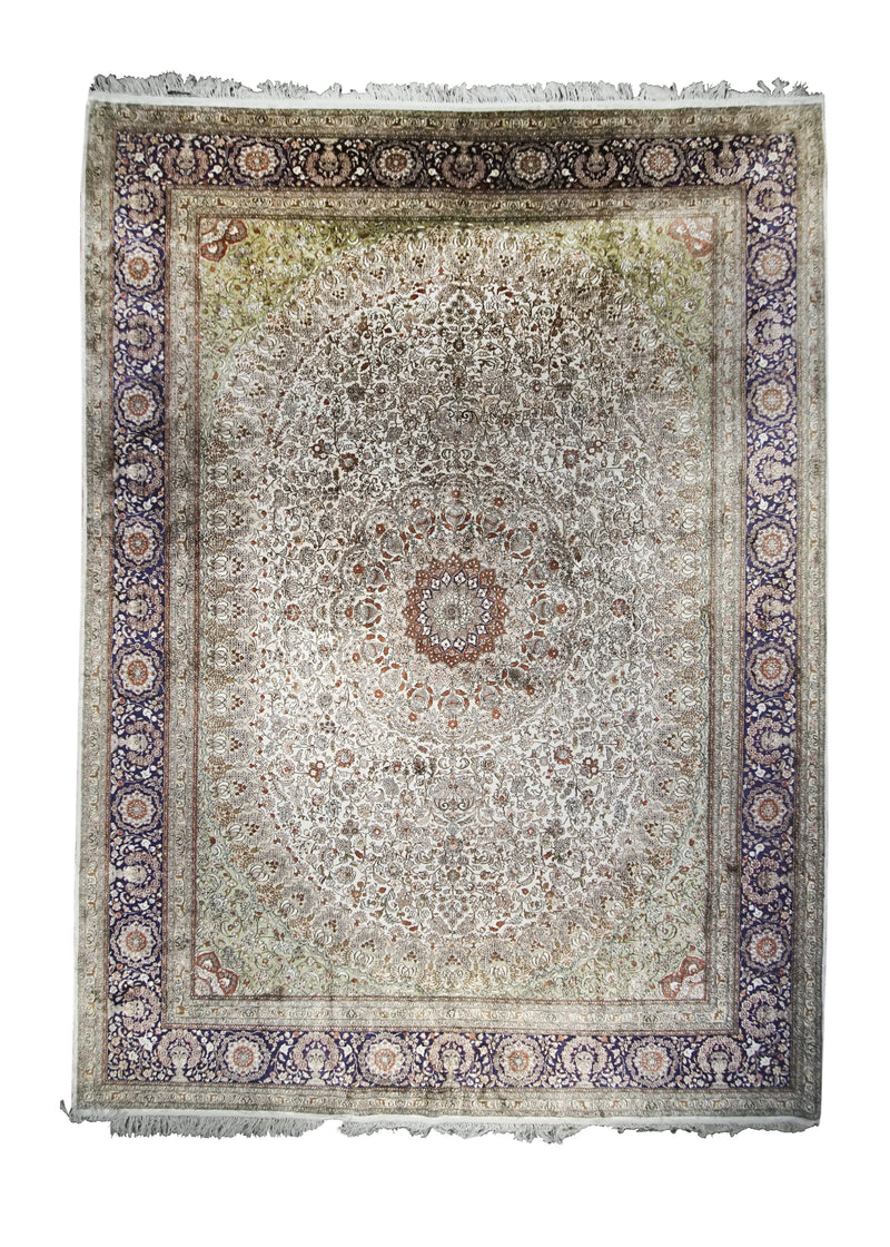 Oriental Rug Indian Handmade Area Traditional 9'2"x12'7" (9x13) Whites/Beige Blue Green Floral Design #A29454