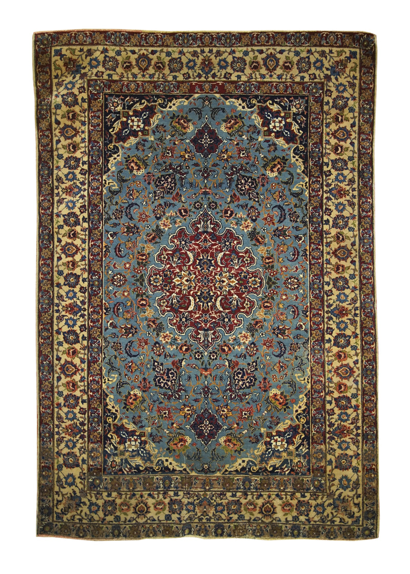 Persian Rug Isfahan Handmade Area Traditional Antique 3'6"x5'5" (4x5) Whites/Beige Blue Floral Design #A29540