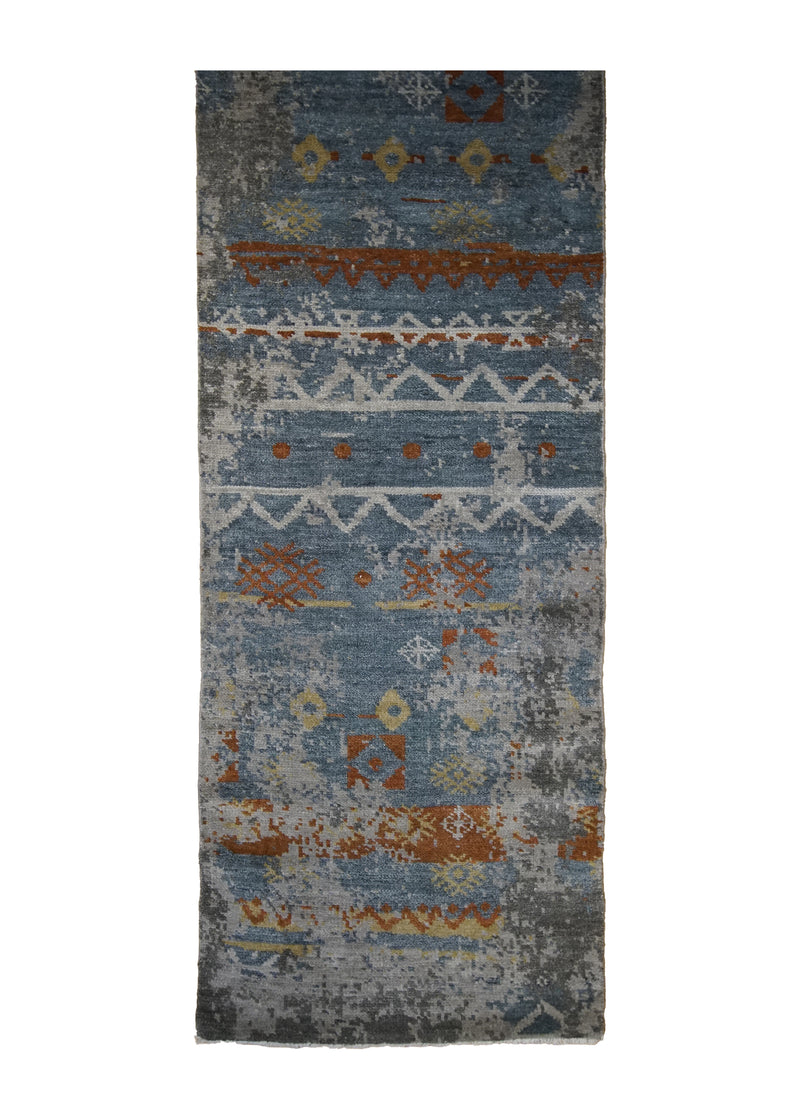 Oriental Rug Indian Handmade Runner Modern 2'6"x9'11" (3x10) Blue Erased Geometric Abstract Design #A29658