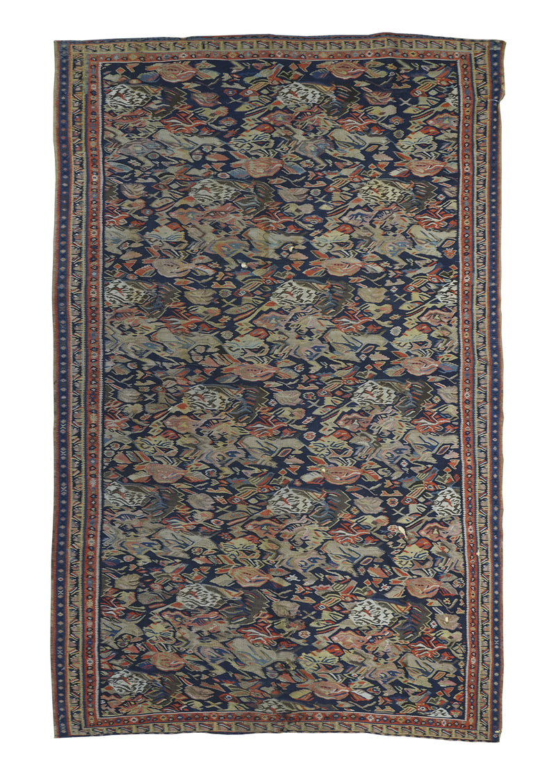 Persian Rug Sanandaj Handmade Area Tribal Antique 4'0"x6'4" (4x6) Blue Red Kilim Floral Design #A29732