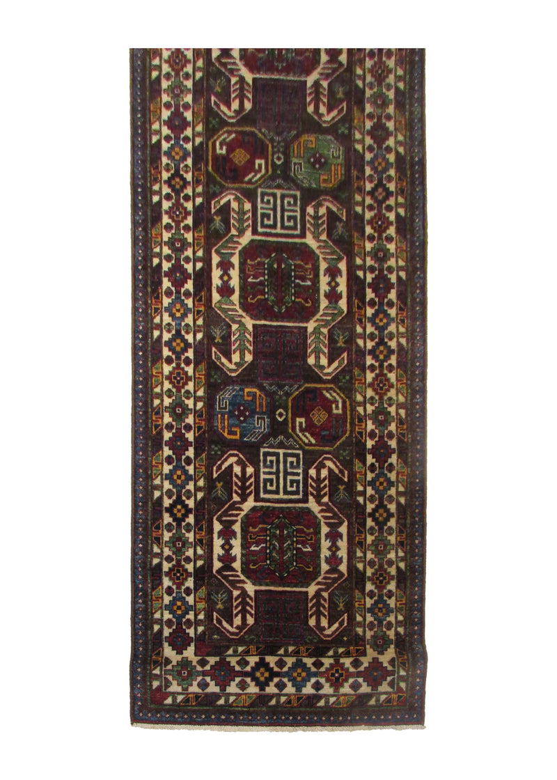 Oriental Rug Pakistani Handmade Runner Transitional Tribal 3'0"x9'10" (3x10) Brown Whites/Beige Red Kazak Geometric Design #A30213