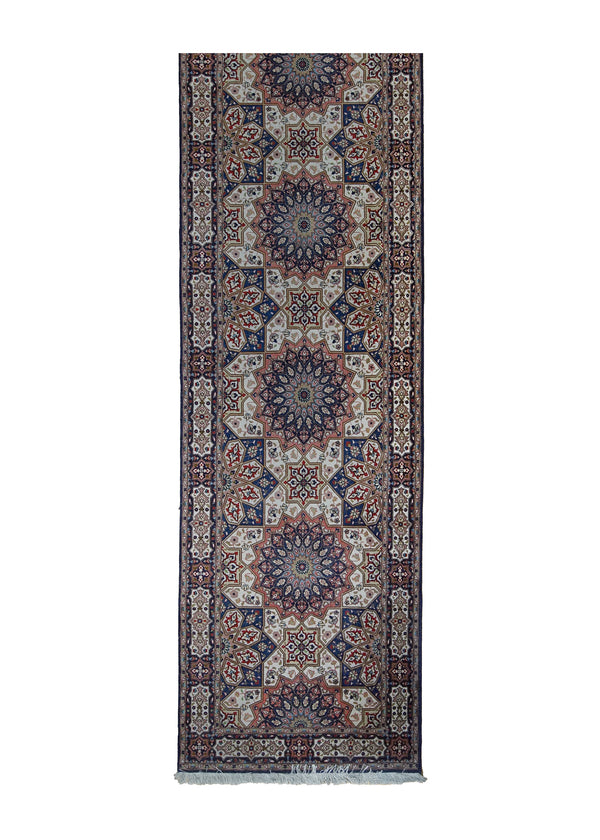 Persian Rug Tabriz Handmade Runner Traditional 2'8"x13'0" (3x13) Multi-color Blue Whites/Beige Gonbad Dome Design #A31157