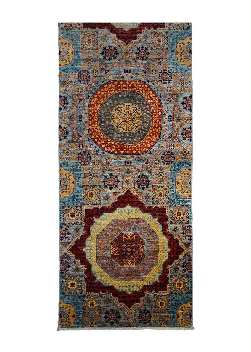 Oriental Rug Pakistani Handmade Runner Transitional 2'7"x19'3" (3x19) Blue Yellow/Gold Mamluk Nooristan Design #A32579