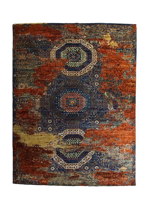 Oriental Rug Pakistani Handmade Area Transitional 5'0"x6'10" (5x7) Red Blue Nooristan Mamluk Geometric Abstract Erased Design #A33810