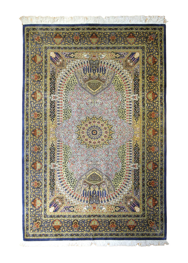 Persian Rug Qum Handmade Area Traditional 4'6"x6'10" (5x7) Blue Green Purple Gonbad Dome Babaie Design #A35536