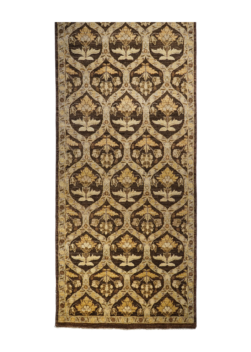 A22958 Oriental Rug Pakistani Handmade Runner Transitional 3'4'' x 13'6'' -3x14- Brown Yellow Gold Antique Washed Oushak Floral Design