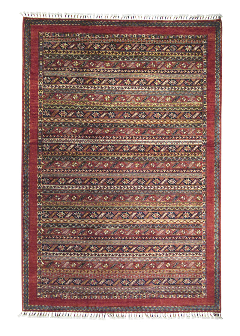 A27827 Oriental Rug Pakistani Handmade Area Tribal 6'1'' x 8'11'' -6x9- Multi-color Red Shawl Geometric Design