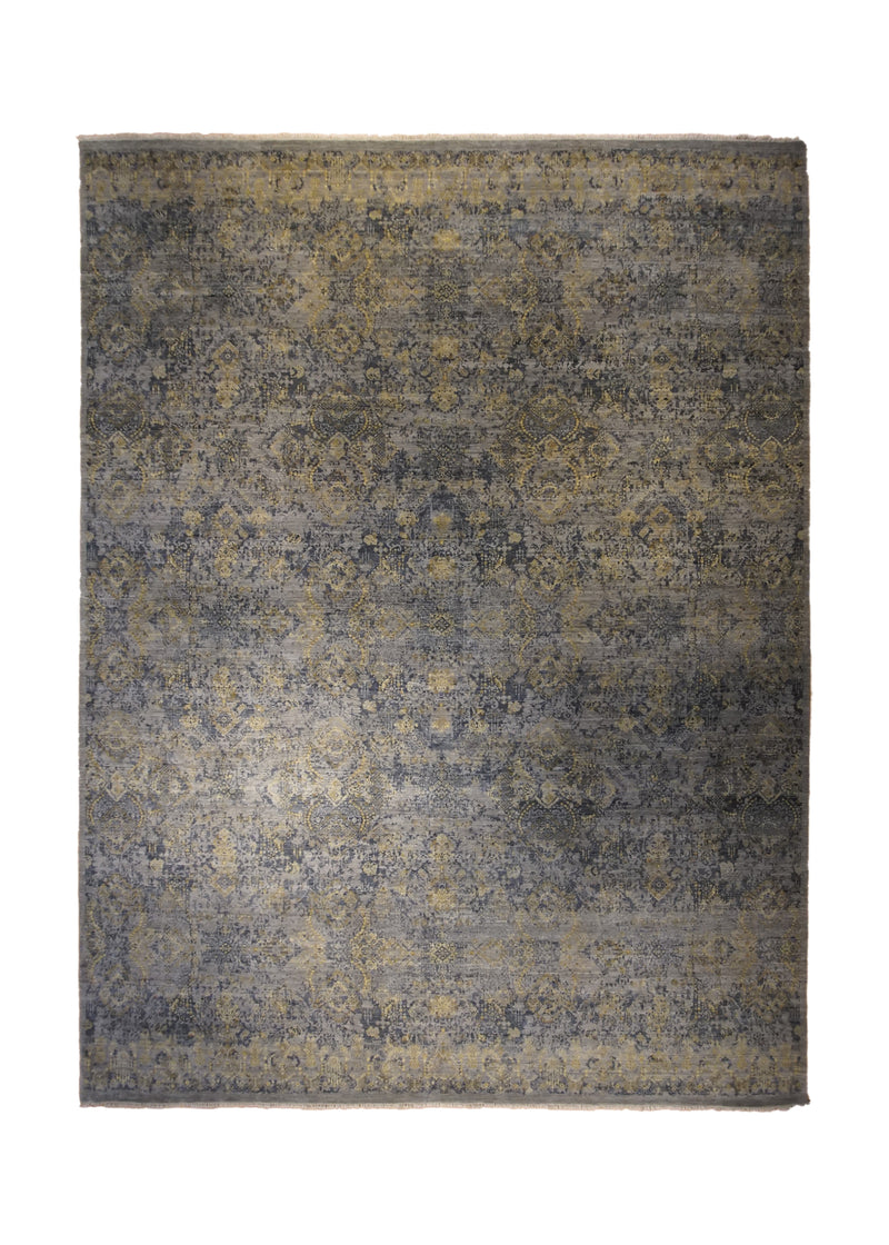 A33425 Oriental Rug Indian Handmade Area Transitional Modern 10'0'' x 14'0'' -10x14- Blue Yellow Gold Floral Erased Abstract Design