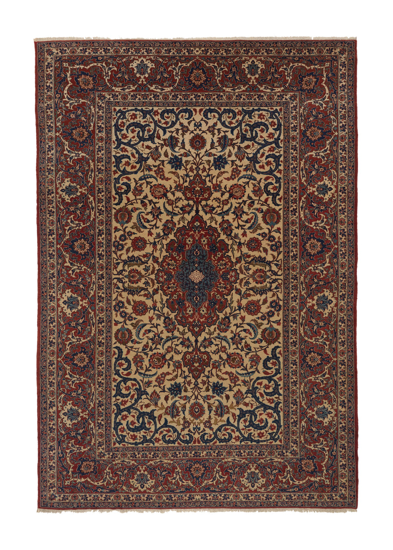 26859 Persian Rug Isfahan Handmade Area Antique Traditional 7'7'' x 11'0'' -8x11- Red Whites Beige Blue Floral Design