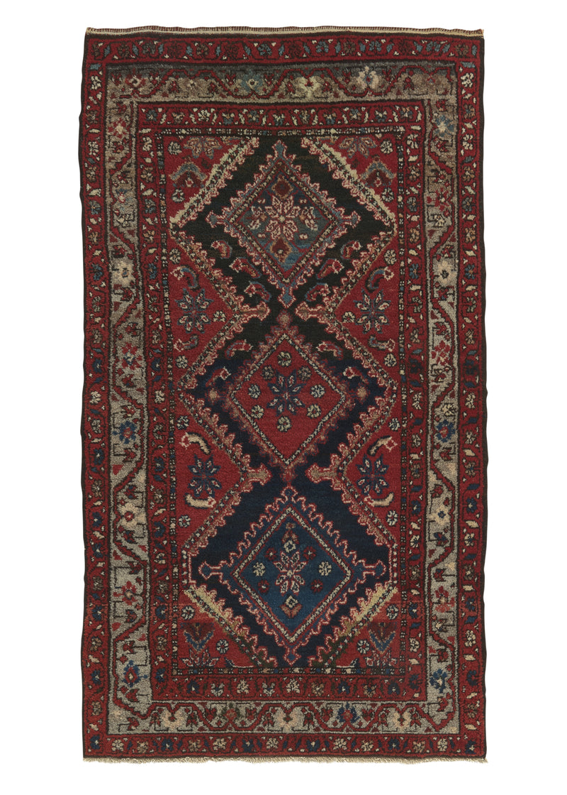 34182 Persian Rug Hamadan Handmade Area Tribal 3'5'' x 6'2'' -3x6- Red Blue Geometric Design