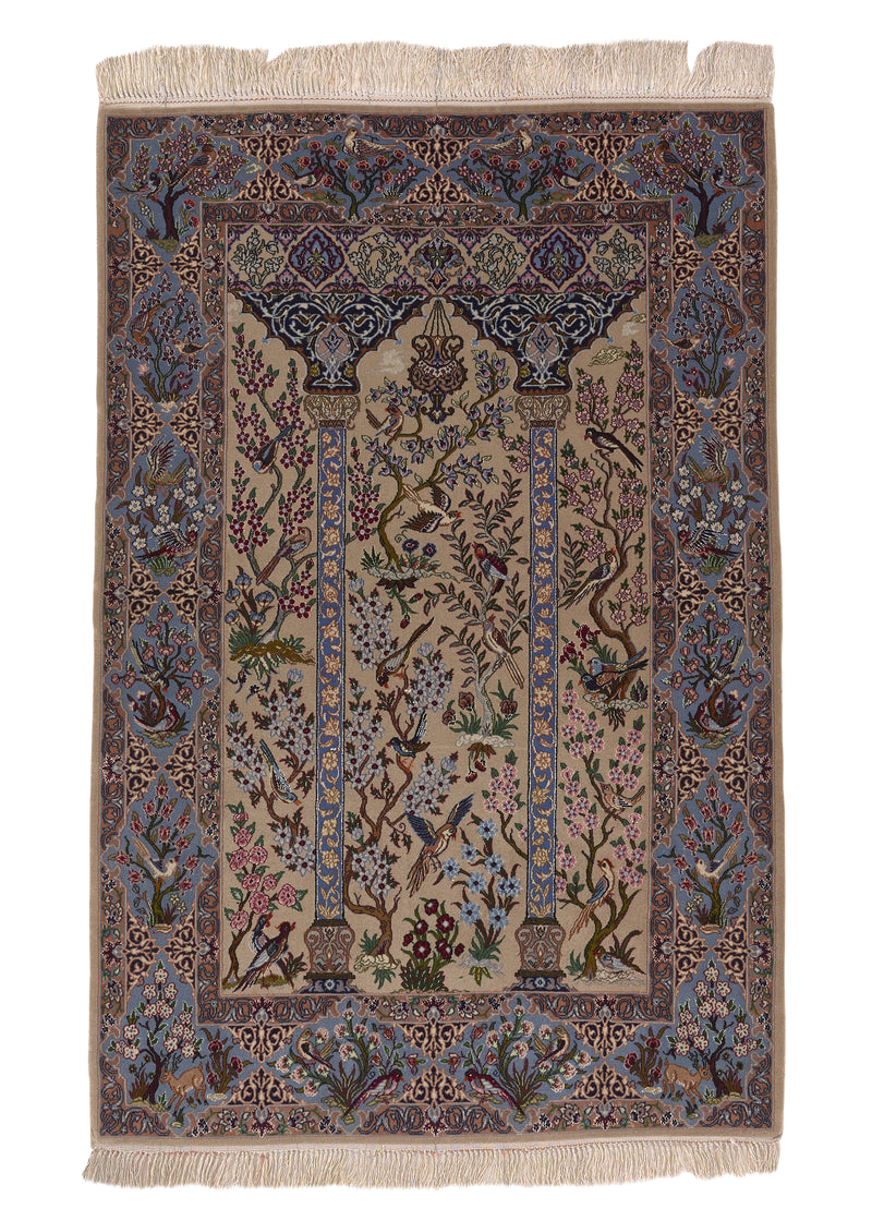 35677 Persian Rug Isfahan Handmade Area Traditional 3'7'' x 5'5'' -4x5- Whites Beige Blue Tree of Life Design