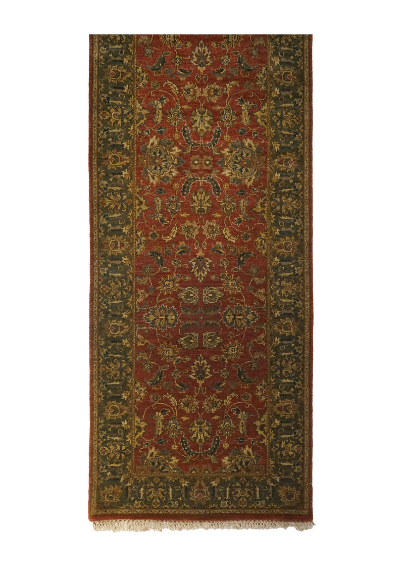 A11695 Oriental Rug Indian Handmade Runner Transitional 3'1'' x 9'11'' -3x10- Red Green Tea Washed Floral Design