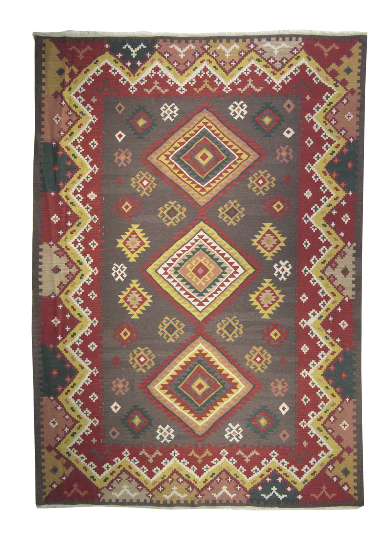 A13866 Oriental Rug Turkish Handmade Area Tribal 6'0'' x 9'4'' -6x9- Brown Red Yellow Gold Kilim Geometric Design