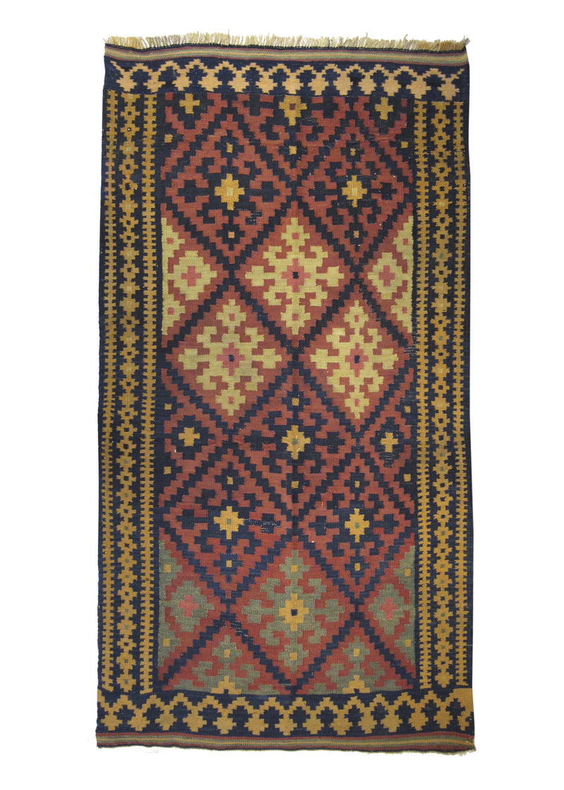 A14303 Persian Rug Shiraz Handmade Area Tribal 4'0'' x 7'9'' -4x8- Red Yellow Gold Kilim Geometric Design