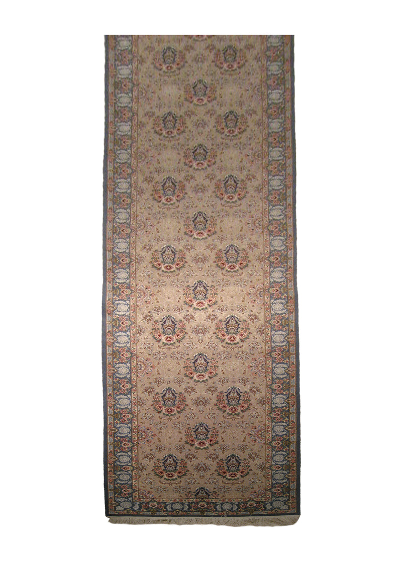 A20637 Persian Rug Isfahan Handmade Runner Traditional 2'9'' x 13'4'' -3x13- Whites Beige Blue Floral Design