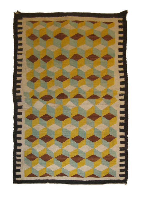 A20714 Native American Rug Navajo Handmade Area Tribal 3'3'' x 5'1'' -3x5- Yellow Gold Whites Beige Geometric Design