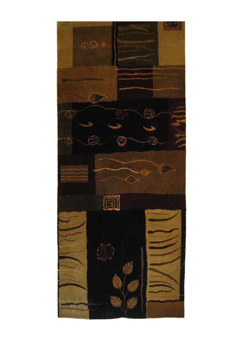 A21084 Oriental Rug Indian Handmade Runner Modern 3'0'' x 9'7'' -3x10- Multi-color Black Whites Beige Art Deco Abstract Design