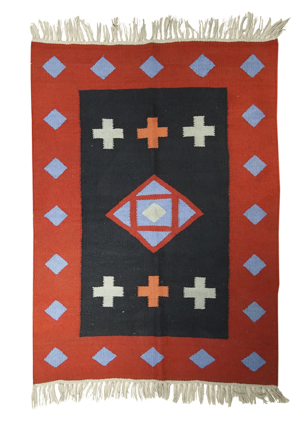 A21087 Native American Rug South America Handmade Area Tribal 4'0'' x 5'8'' -4x6- Black Red Geometric Design