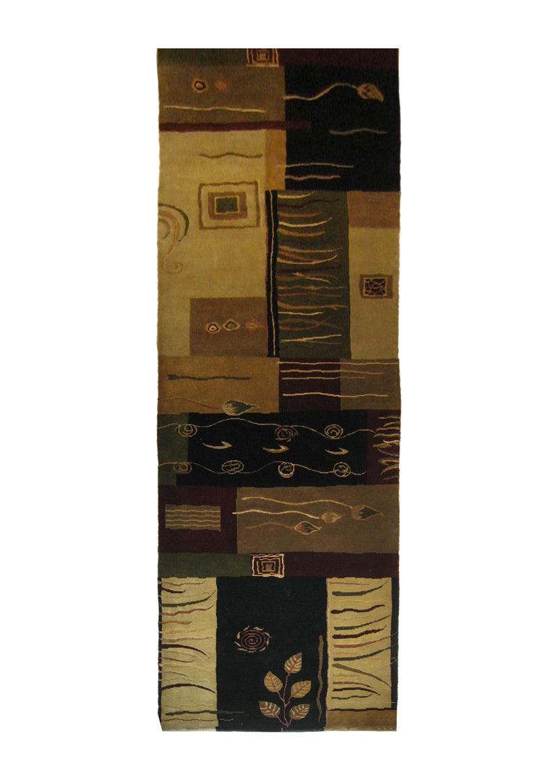 A21219 Oriental Rug Indian Handmade Runner Modern 3'0'' x 11'8'' -3x12- Multi-color Whites Beige Black Art Deco Design