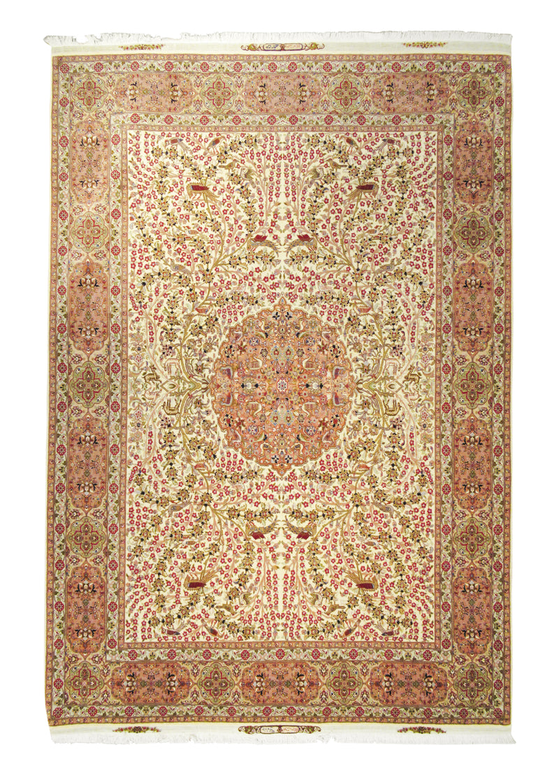 A22785 Persian Rug Tabriz Handmade Area Traditional 6'10'' x 9'11'' -7x10- Whites Beige Pink Tree of Life Animals Design