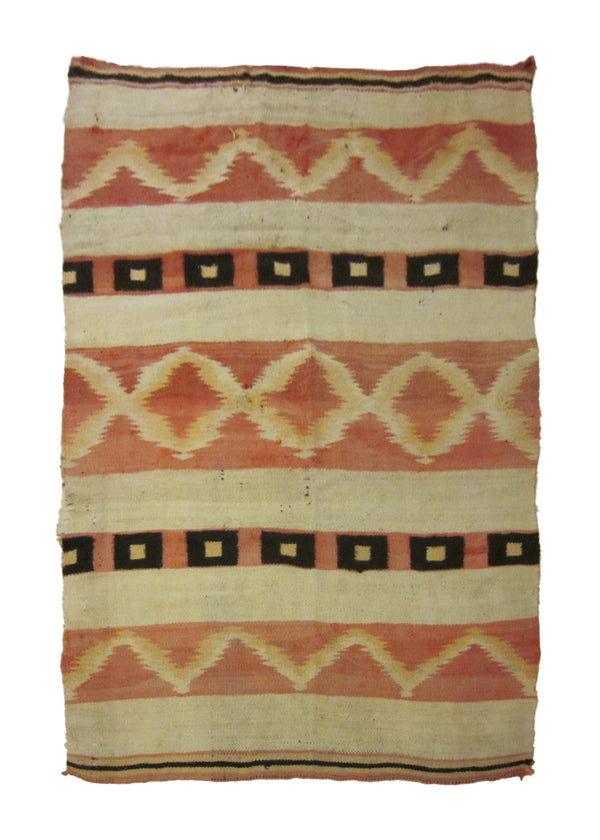 A23726 Native American Rug Navajo Handmade Area Tribal Antique 3'3'' x 4'10'' -3x5- Whites Beige Red Geometric Design