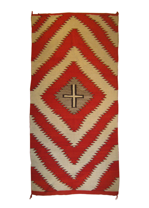 A25098 Native American Rug Navajo Handmade Area Tribal 4'2'' x 7'9'' -4x8- Red Whites Beige Gray Eye Dazzler Design