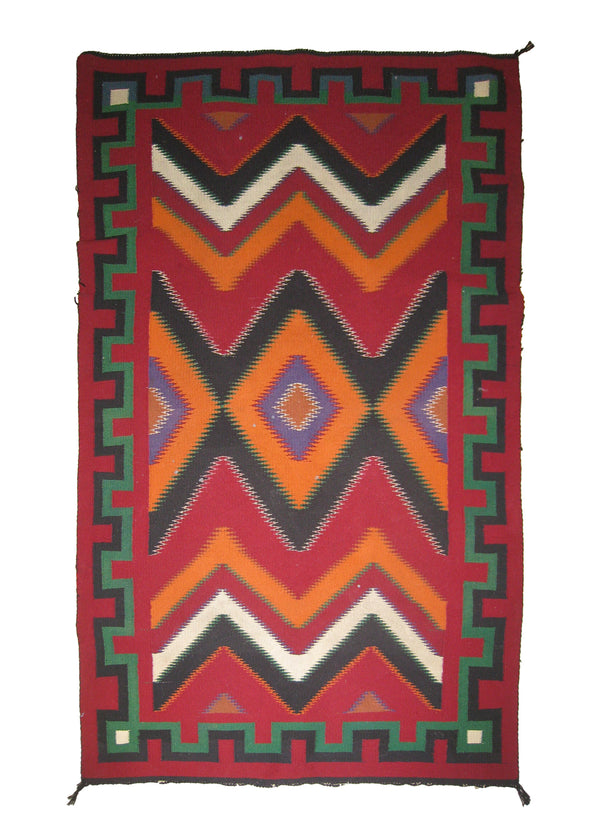 A25376 Native American Rug Navajo Handmade Area Tribal Antique 2'8'' x 4'1'' -3x4- Red Green Germantown Geometric Design