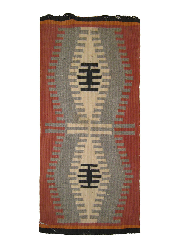 A25378 Native American Rug Mexico Handmade Area Tribal Antique 1'4'' x 2'10'' -1x3- Gray Red Black Geometric Design