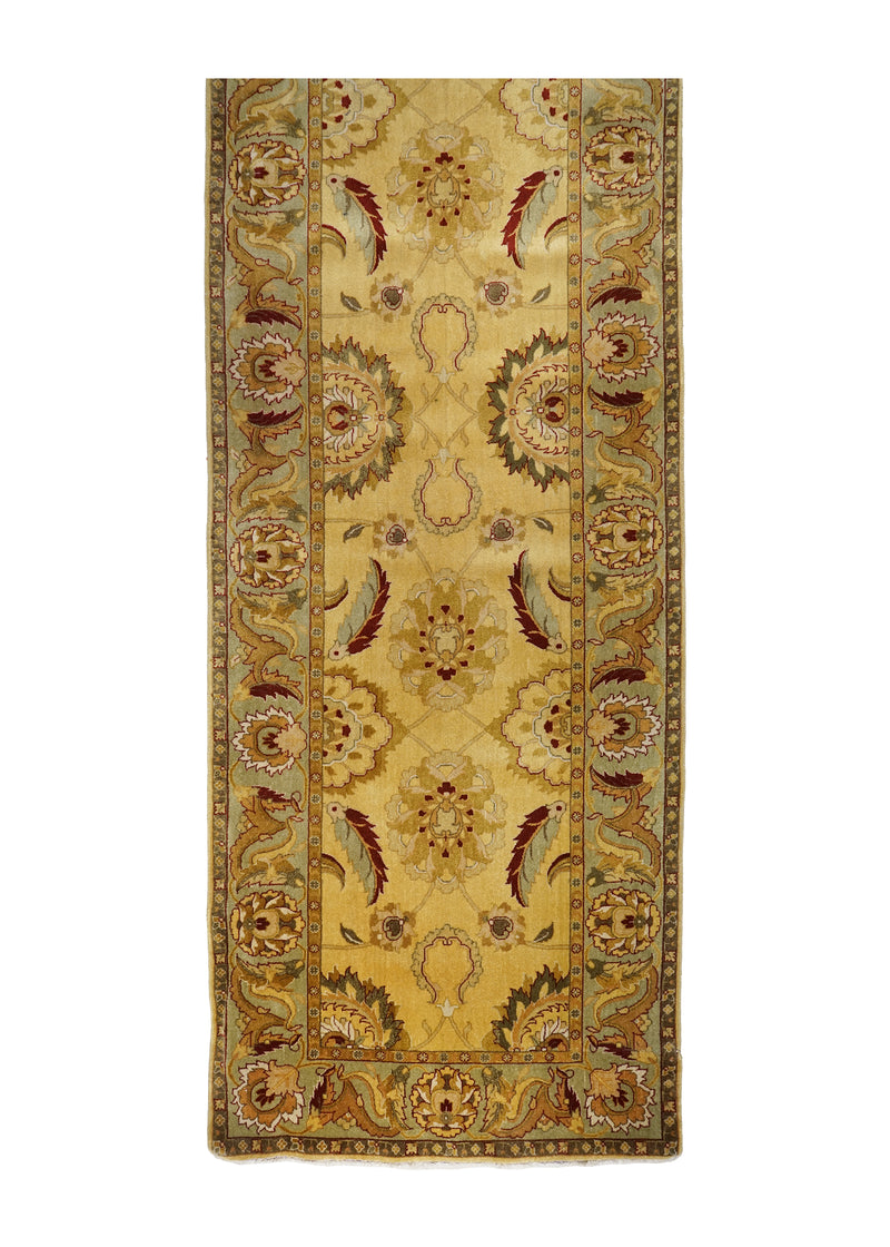 A27768 Oriental Rug Indian Handmade Runner Traditional 3'5'' x 32'6'' -3x33- Yellow Gold Green Floral Design