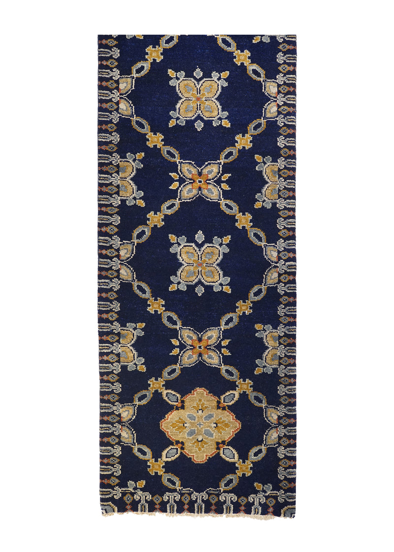 A27915 Oriental Rug Indian Handmade Runner Transitional 2'7'' x 29'6'' -3x30- Blue Yellow Gold Geometric Design