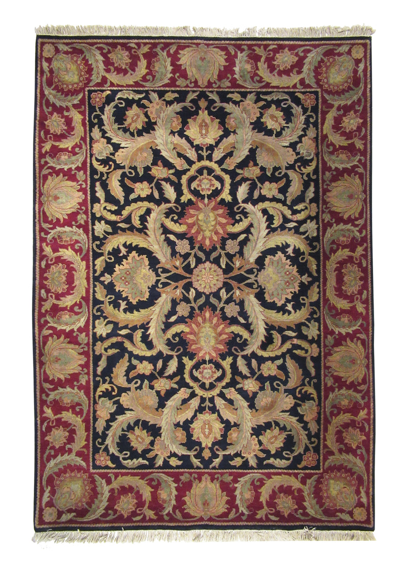 A28215 Oriental Rug Indian Handmade Area Transitional 6'1'' x 8'10'' -6x9- Black Red Tea Washed Floral Design