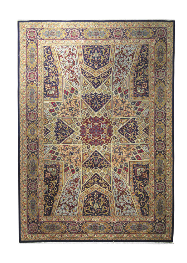 A29130 Persian Rug Tabriz Handmade Area Traditional 6'7'' x 9'4'' -7x9- Multi-color Blue Yellow Gold Gonbad Geometric Design