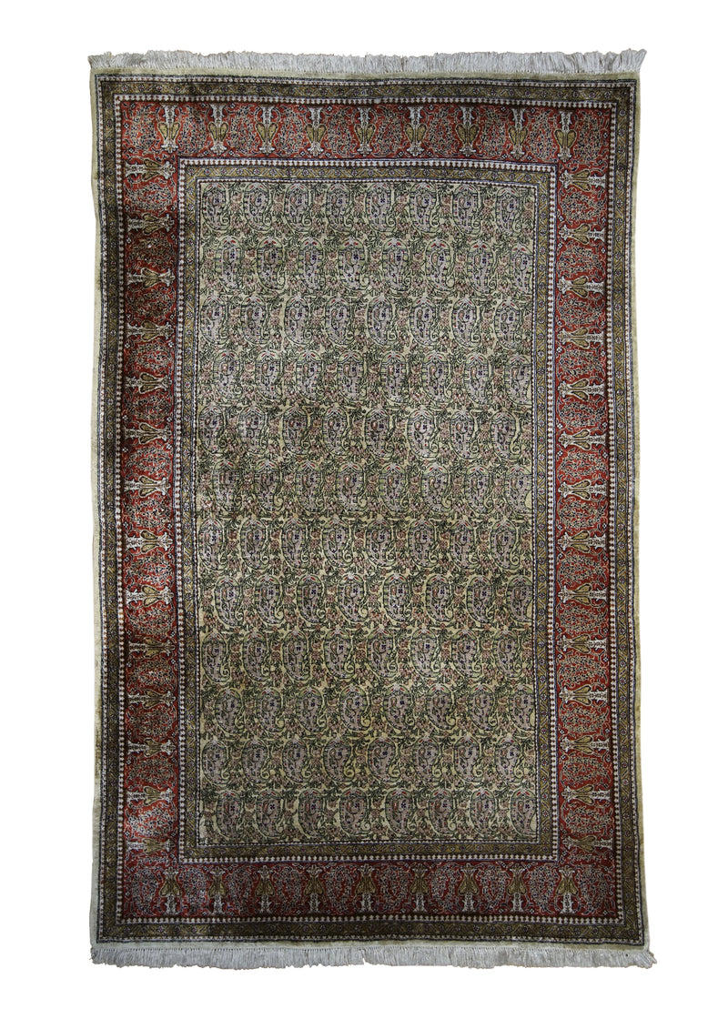 A29137 Persian Rug Kashan Handmade Area Traditional 3'6'' x 5'8'' -4x6- Yellow Gold Red Green Paisley Boteh Design