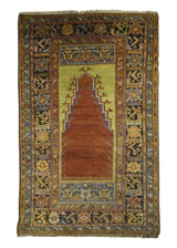 A29224 Oriental Rug Turkish Handmade Area Traditional Antique 4'0'' x 6'2'' -4x6- Yellow Gold Gray Red Prayer Rug Geometric Design