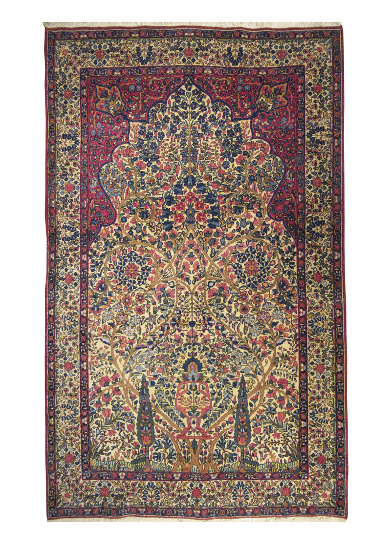 A29242 Persian Rug Lavar Kerman Handmade Area Traditional Antique 4'8'' x 7'3'' -5x7- Whites Beige Pink Tree of Life Design
