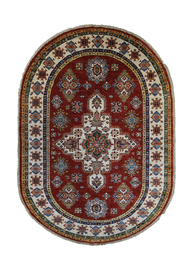 A29330 Oriental Rug Pakistani Handmade Area Transitional Tribal 4'9'' x 6'9'' -5x7- Red Whites Beige Kazak Geometric Design