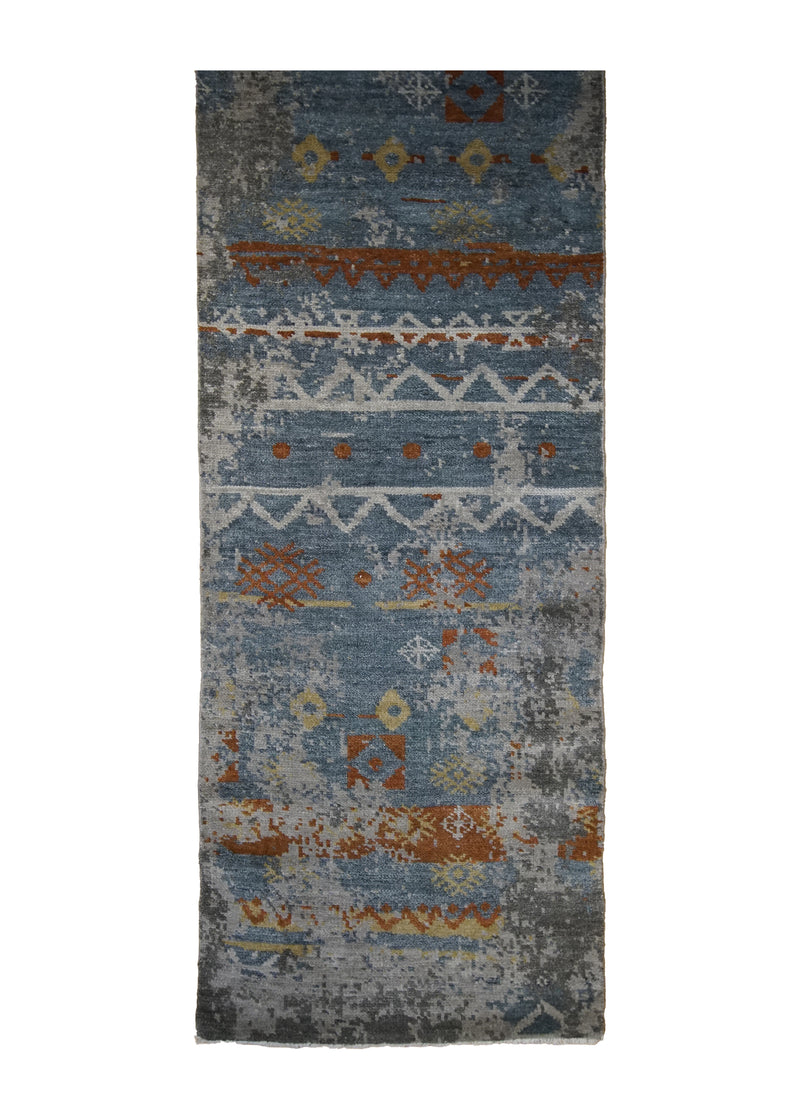 A29658 Oriental Rug Indian Handmade Runner Modern 2'6'' x 9'11'' -3x10- Blue Erased Geometric Abstract Design