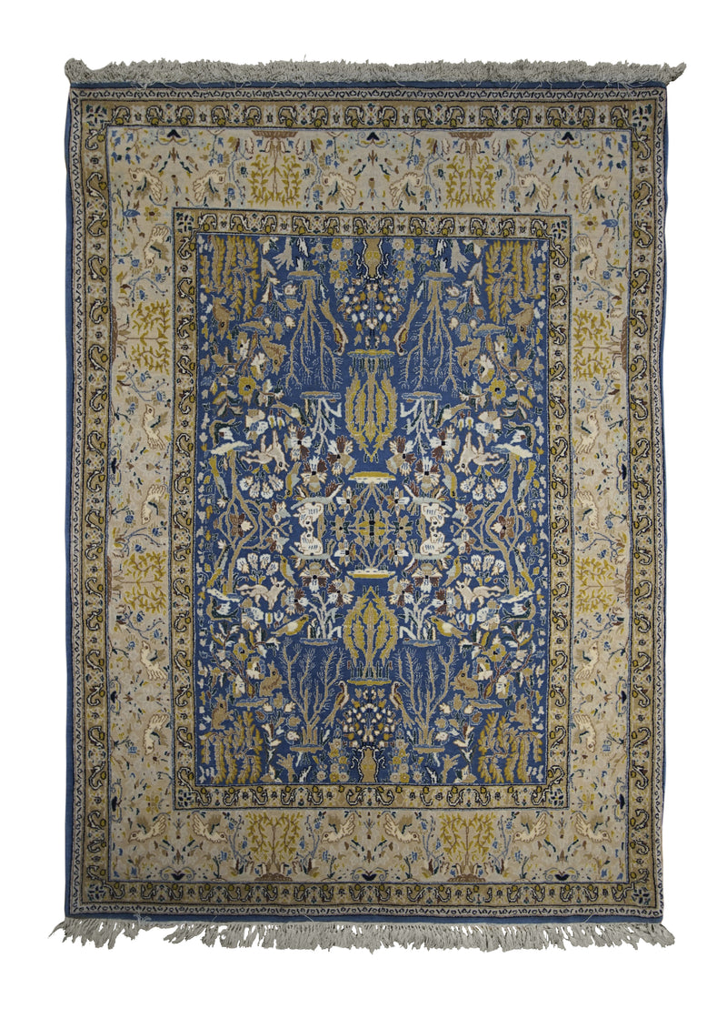 A29729 Persian Rug Isfahan Handmade Area Traditional 3'9'' x 5'2'' -4x5- Blue Whites Beige Yellow Gold Tree of Life Animals Design