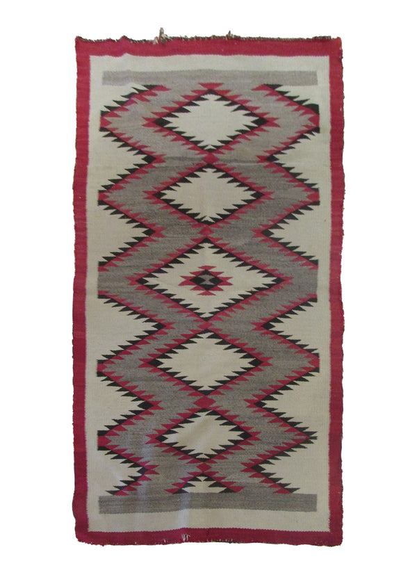 A29743 Native American Rug Navajo Handmade Area Tribal Antique 3'1'' x 5'2'' -3x5- Whites Beige Red Gray Eye Dazzler Geometric Design