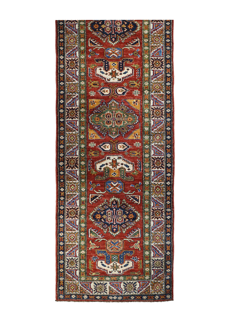 A29893 Oriental Rug Pakistani Handmade Runner Transitional Tribal 2'9'' x 22'6'' -3x23- Red Green Kazak Geometric Design