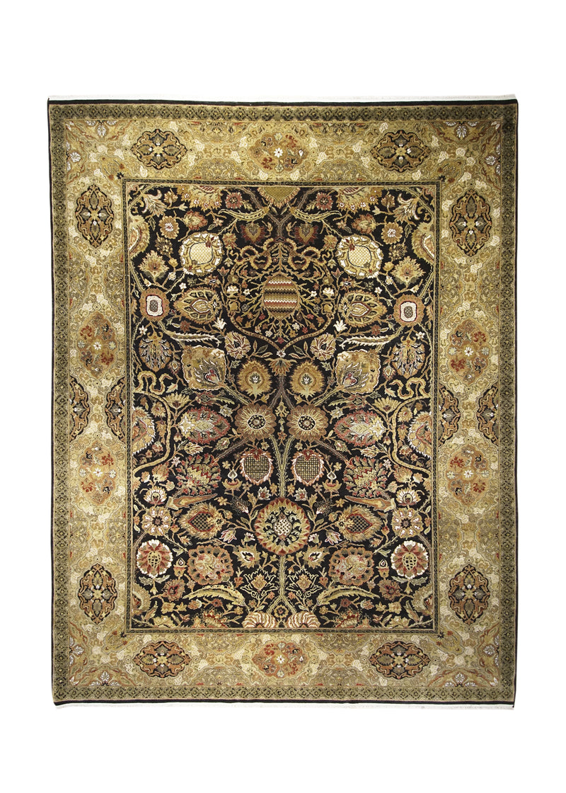 A30429 Oriental Rug Indian Handmade Area Transitional 9'0'' x 11'11'' -9x12- Black Yellow Gold Tea Washed Floral Design