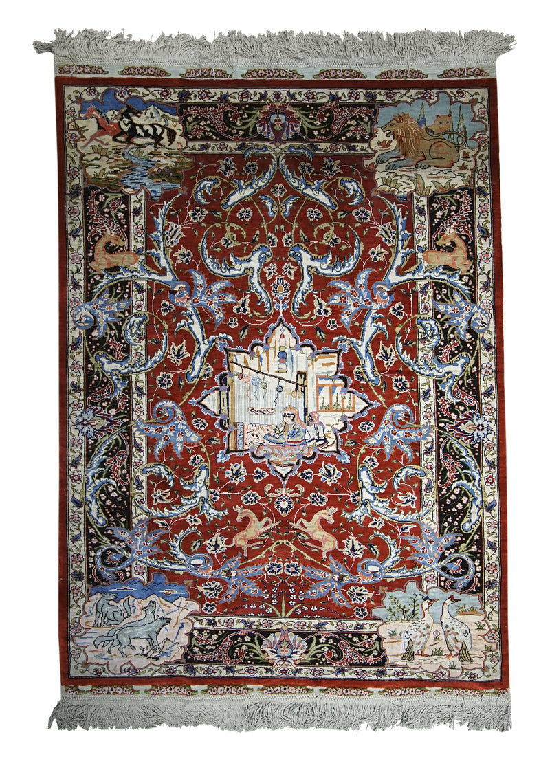 A30855 Oriental Rug Turkish Handmade Area Traditional 3'1'' x 4'2'' -3x4- Red Blue Pictorial Kayzeri Design