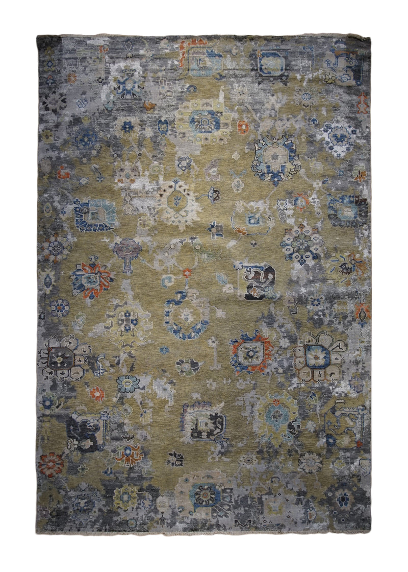 A33586 Oriental Rug Indian Handmade Area Transitional Modern 6'0'' x 8'8'' -6x9- Yellow Gold Gray Floral Oushak Erased Abstract Design
