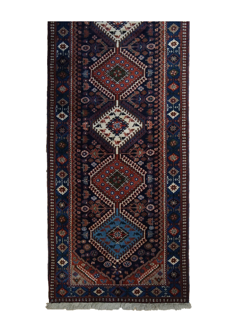 A33722 Persian Rug Yalameh Handmade Runner Tribal 2'9'' x 10'1'' -3x10- Blue Red Geometric Design